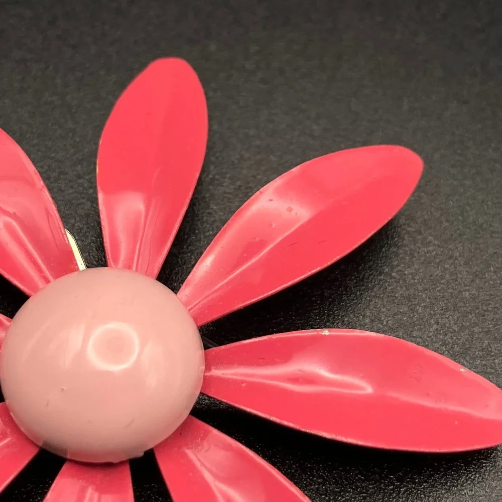 Vintage Pink Enamel Flower Brooch Mid Century Mod Pop Art Flower Power 2.75 